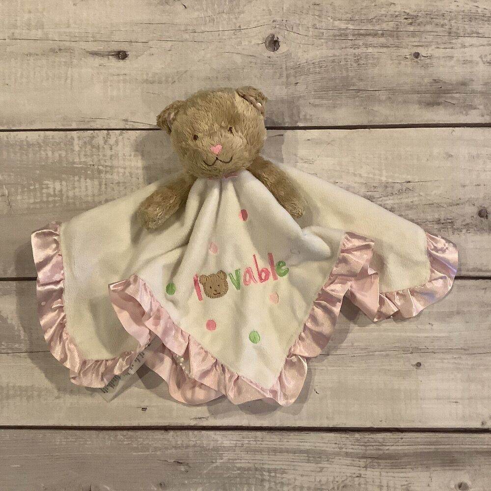 Wishes and Kisses Baby Girl‎ Lovey Security Blanket Bear White Pink Satin Ruffle